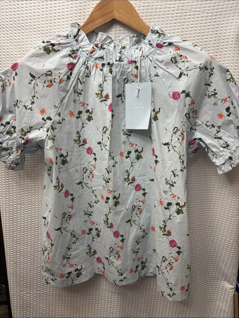 Hill House Light Blue Floral Ruffle-Neck Blouse